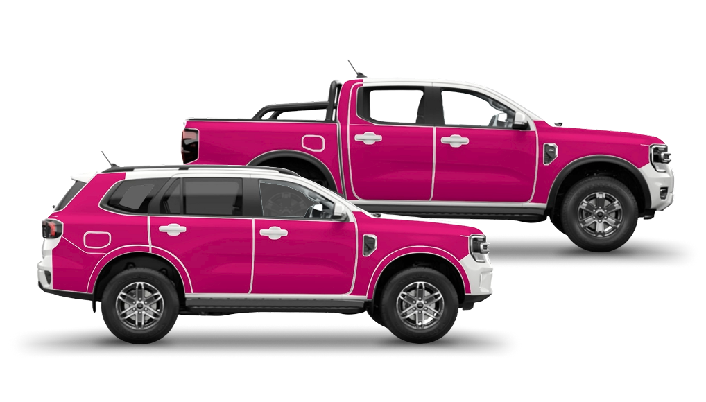 Diagram showing BushWrapz PPF coverage on a dual cab ute and a wagon