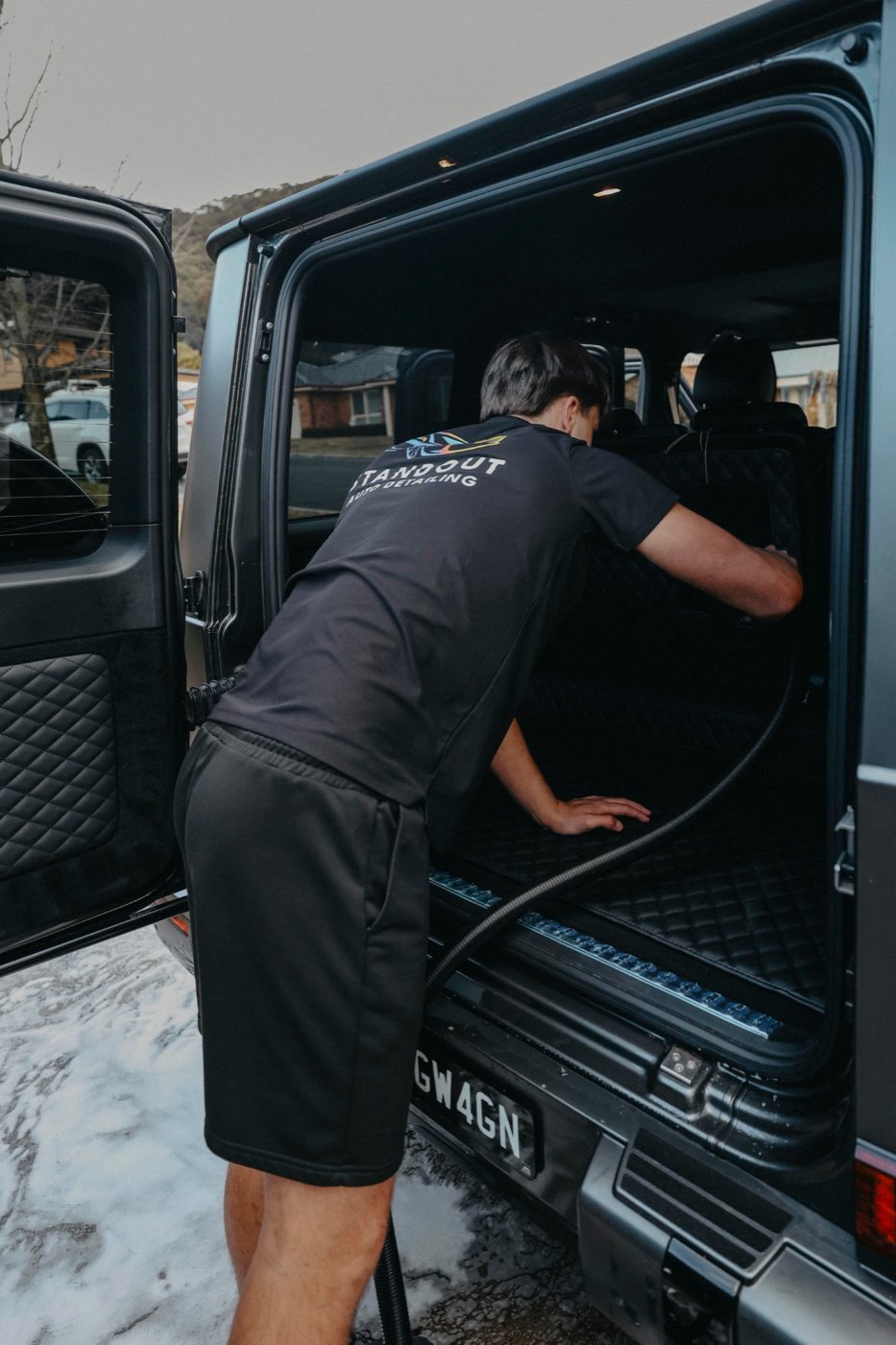 Interior being shampooed and scrubbed during an interior detail