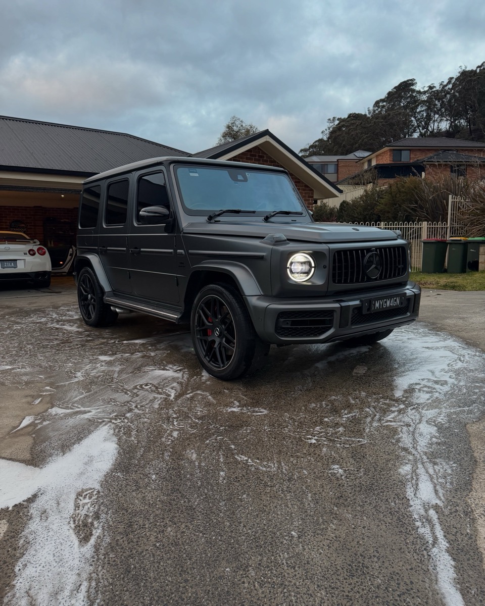 Matte grey Mercedes-AMG G 63 being washed by Standout Auto Detailing